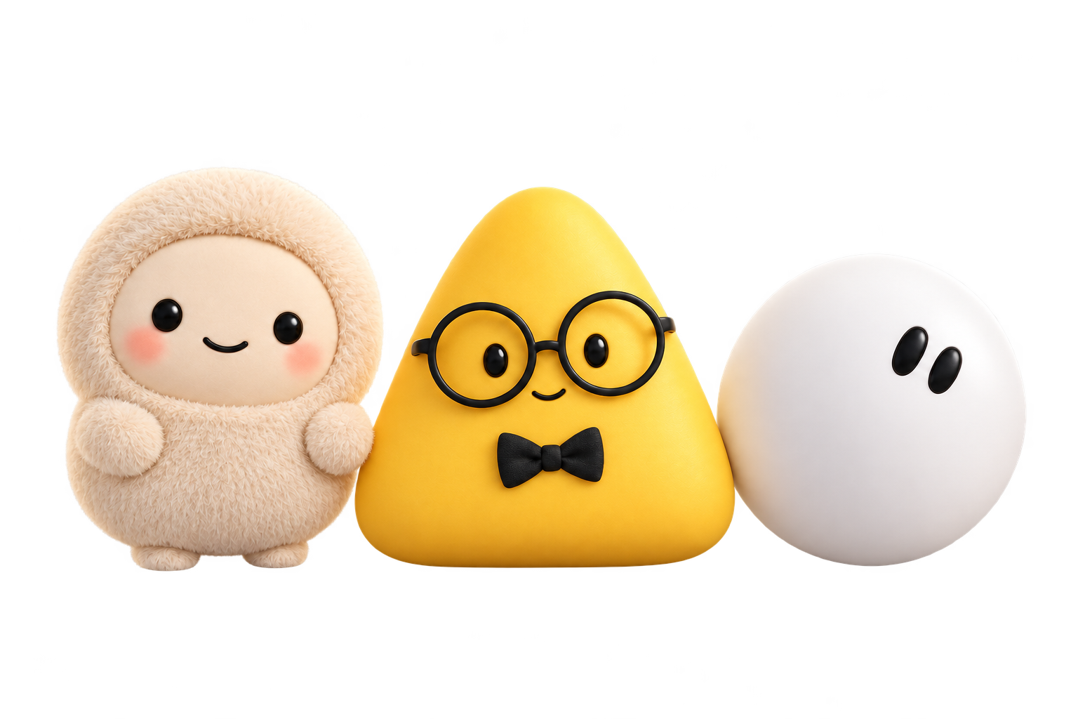 Interpretación 3D de las mascotas de Muse, Dots y Grok Bot